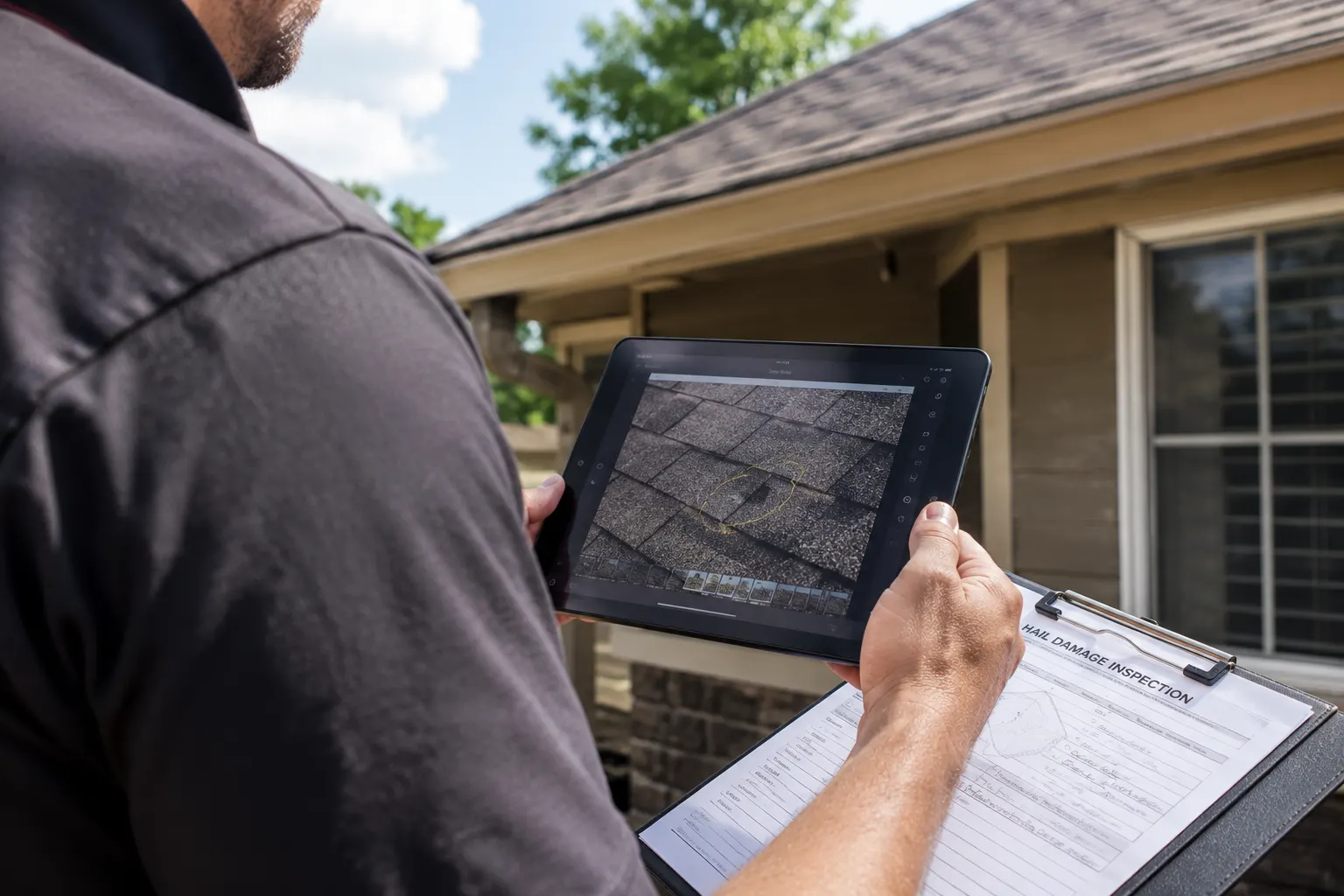 COPA Homes inspector documenting hail damage on a roof with a tablet and a hail damage inspection form in Parker, Colorado