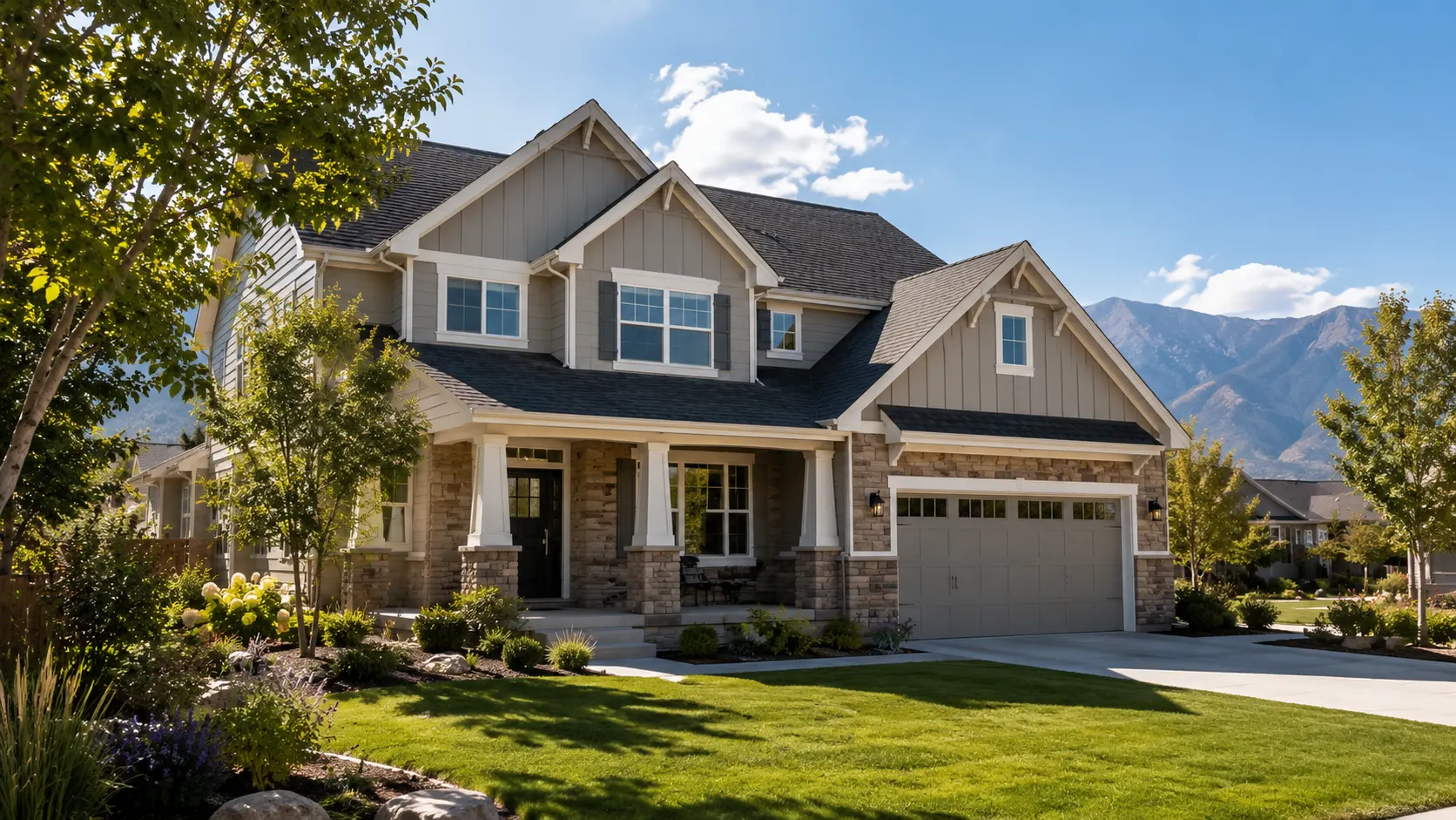 Craftsman home with new roof and stone accents against the Colorado foothills in Parker
