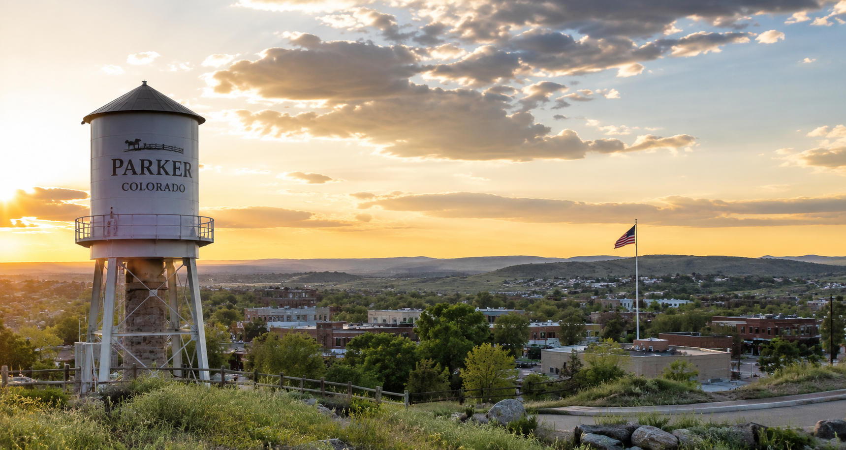 Parker, Colorado neighborhood at golden hour with the Colorado foothills