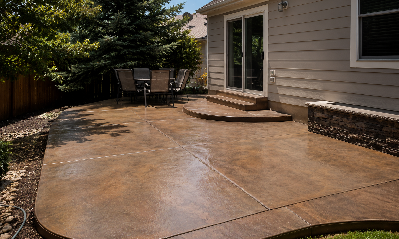 Stained and scored concrete patio with a curved step beside a Colorado home