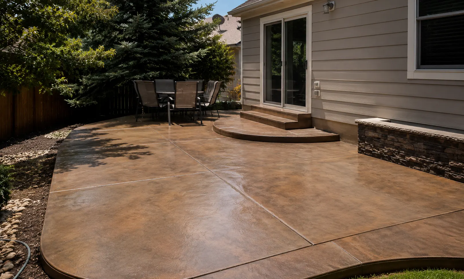 Stained and scored concrete patio with a curved step beside a Colorado home