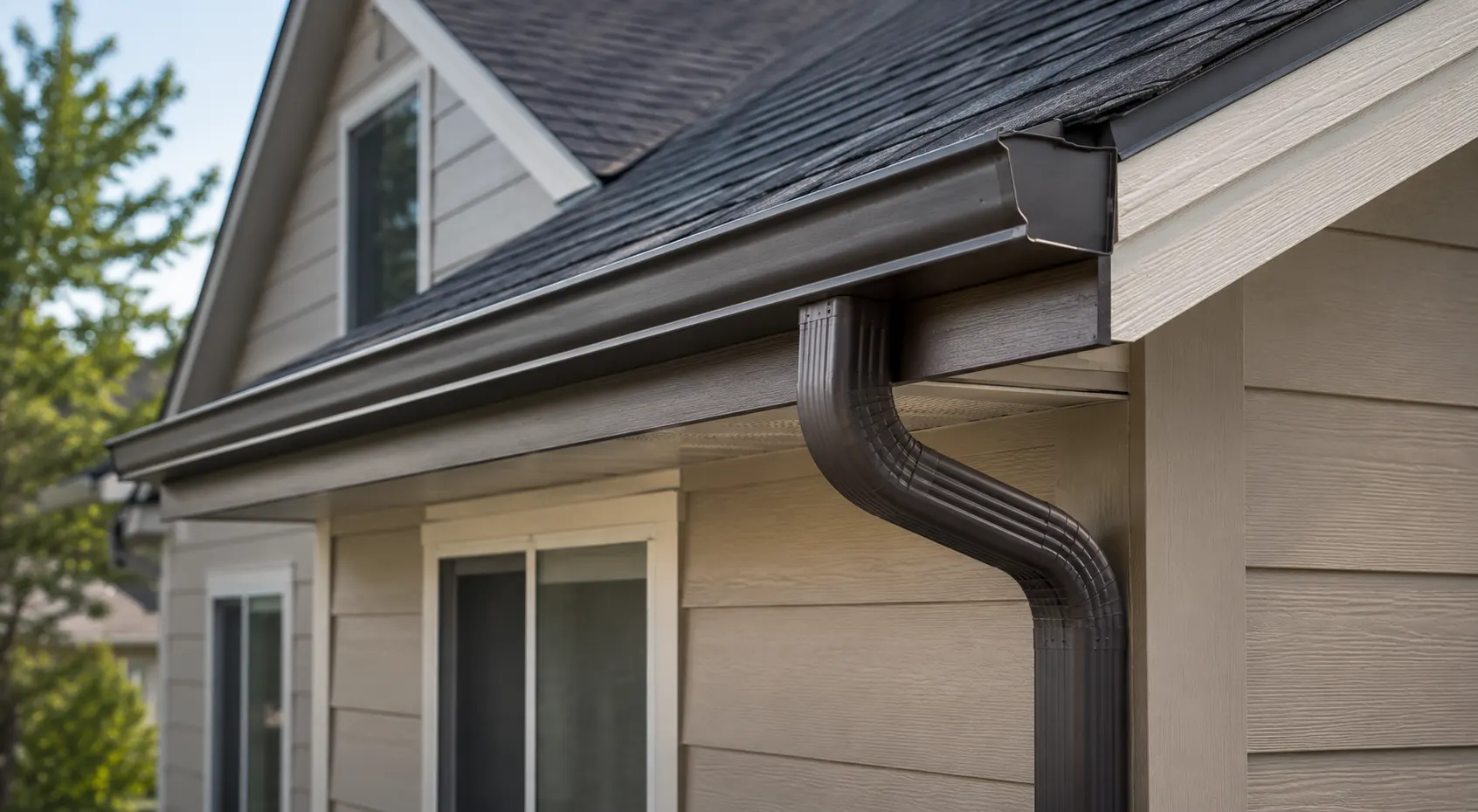 New dark seamless gutters and downspout on a brick-and-siding home in the South Denver Metro