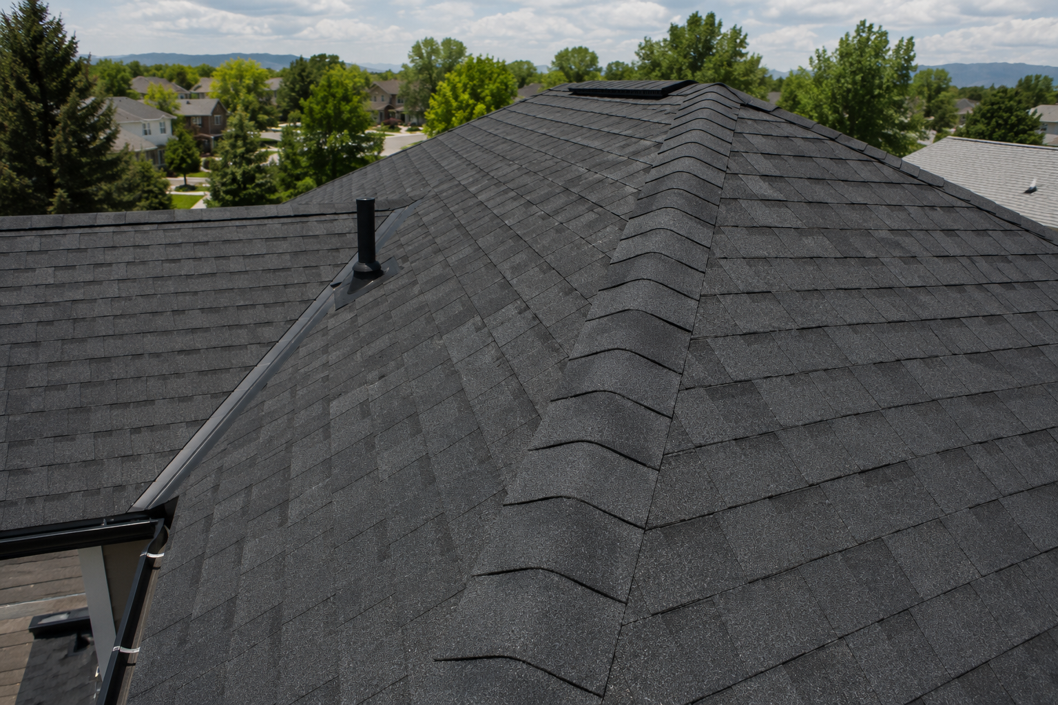 Aerial view of a new charcoal dimensional shingle roof on a home with the Colorado foothills behind it