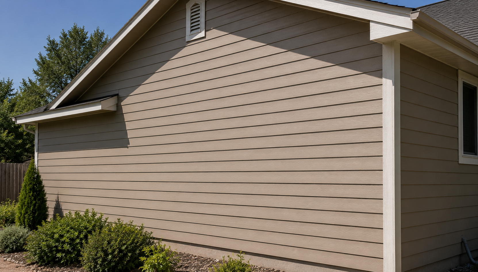 Broad warm-tan lap siding wall with white trim on a Colorado home