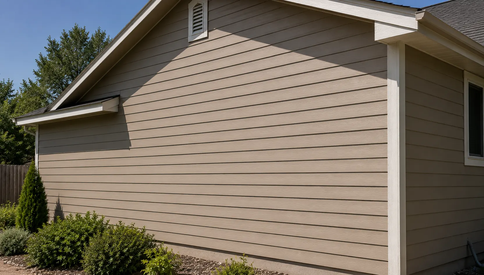 Broad warm-tan lap siding wall with white trim on a Colorado home