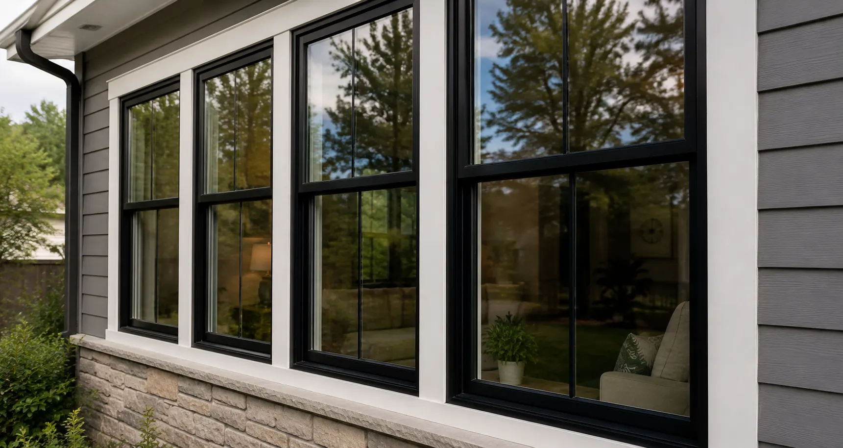 Black-framed windows with white trim and lap siding on a Colorado home