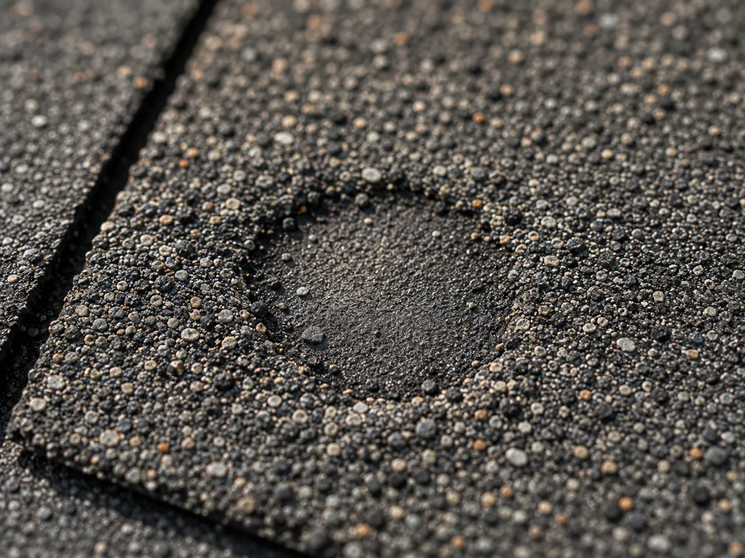 Close-up of hail damage on an asphalt shingle