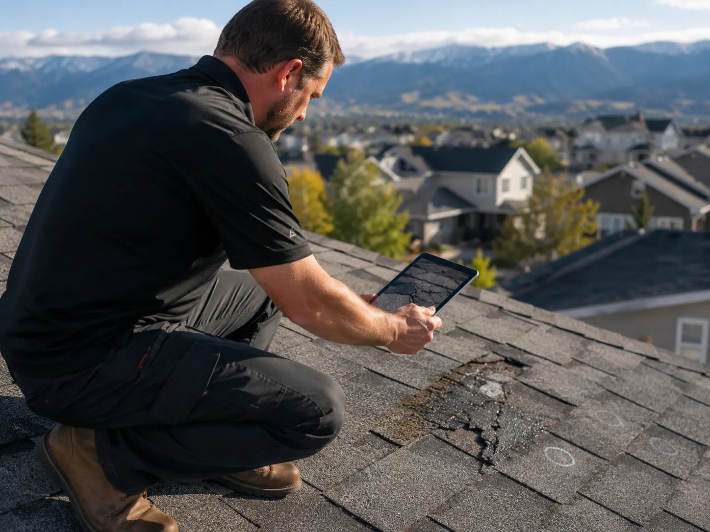 Roof inspector photographing hail damage on an asphalt roof