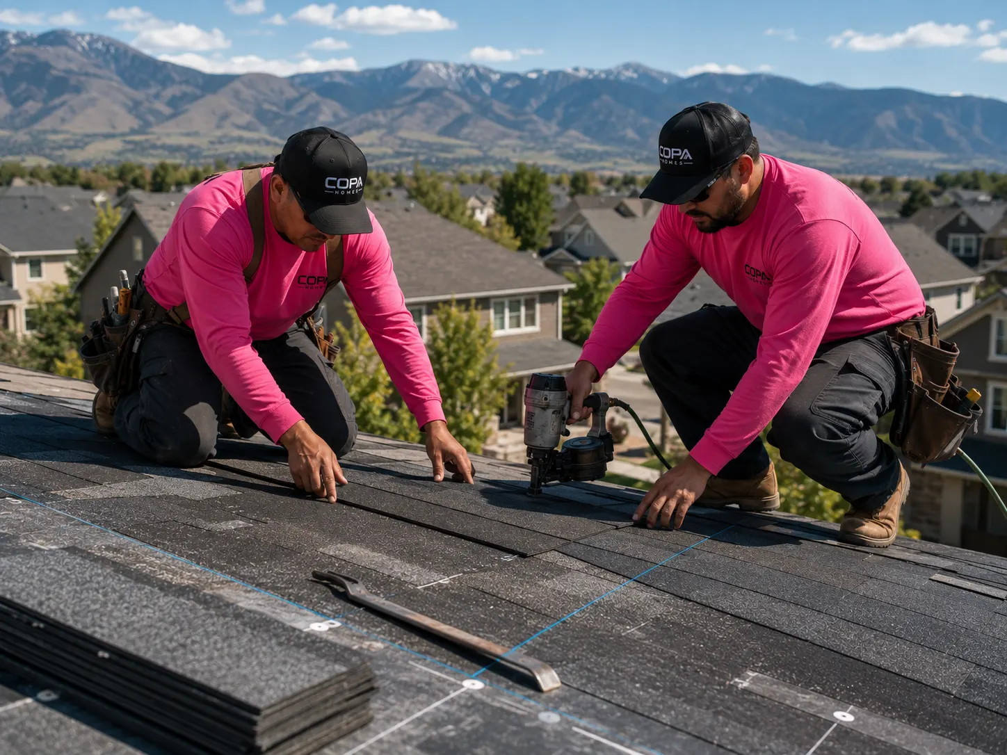Roofers installing new architectural shingles